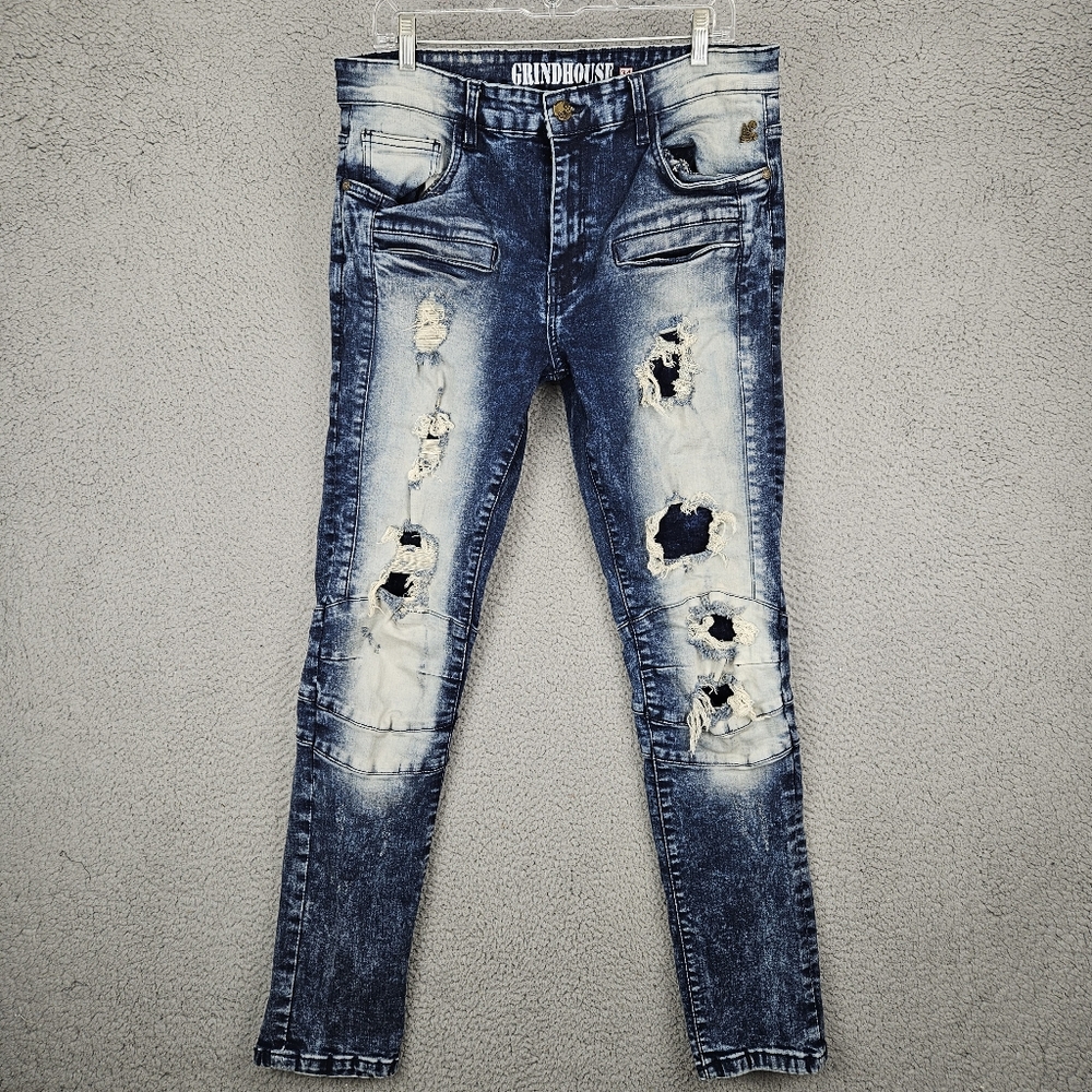 Grindhouse Slim Straight Washed Dark Blue Ripped Stretch Denim Jeans Men 34x32